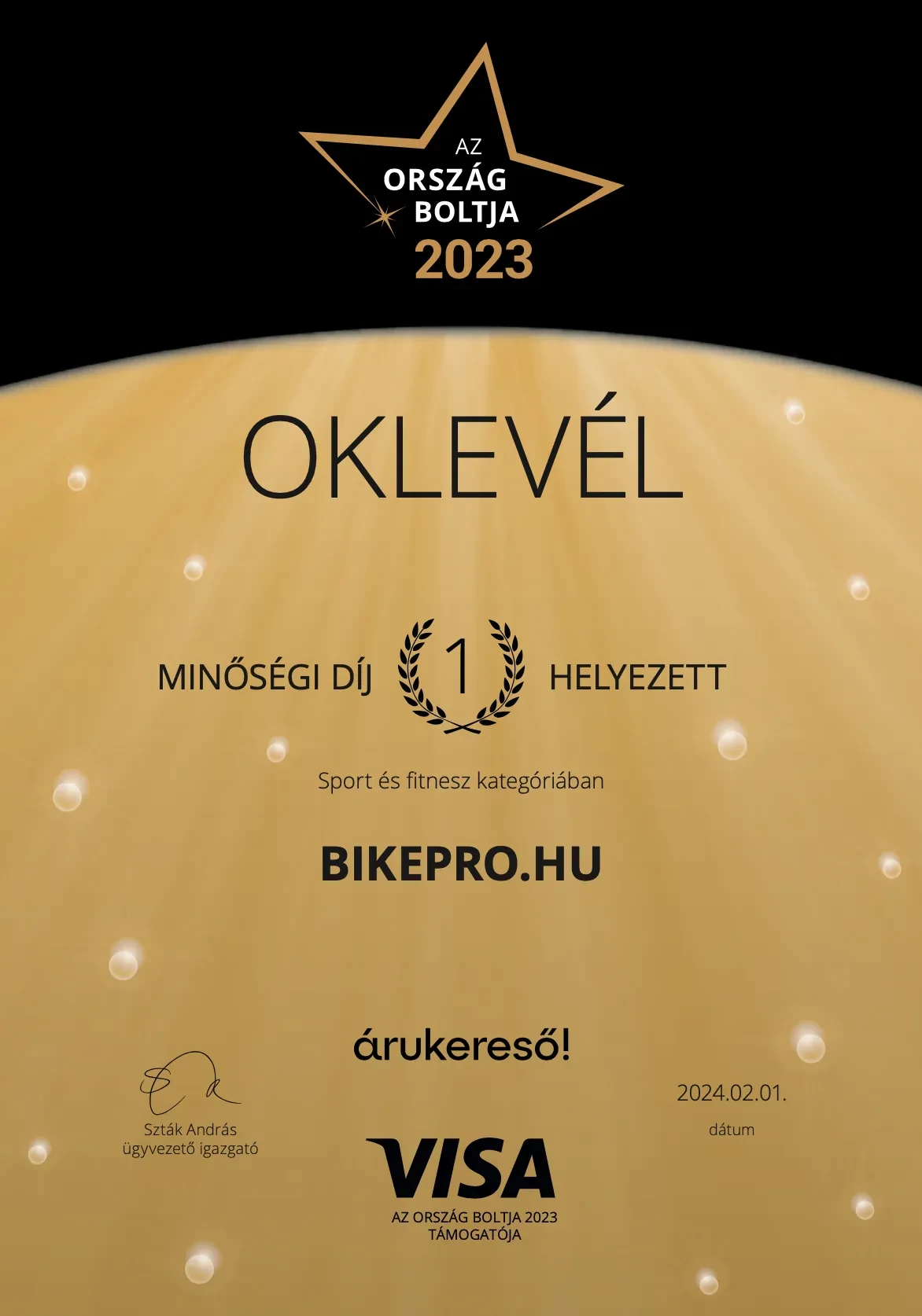 Ország Bolja díjátadó gála 2023 - bikepro.hu minőségi díj 1. helyzett.