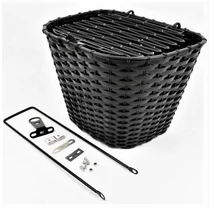 VeloGo műanyag kosár előre, 34x26x26 cm, rattan hatású, fix rögzítésű, 26-os kerékpárhoz, fekete