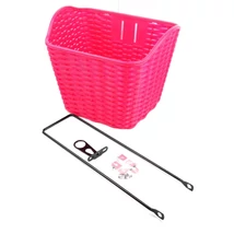 VeloGo műanyag kosár előre, 34x26x26 cm,, rattan hatású, fix rögzítésű, 26-os kerékpárhoz, ciklámen