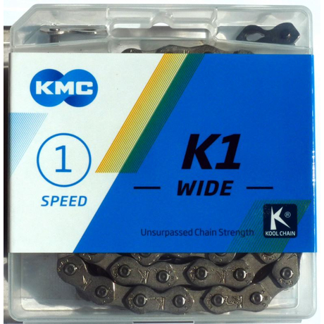 KMC K1 wide kerékpár lánc, 1s (1/8 col), 110 szem, patentszemmel, ezüst színű