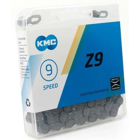 KMC Z9 kerékpár lánc, 9s, 116 szem, patenszemmel, szürke