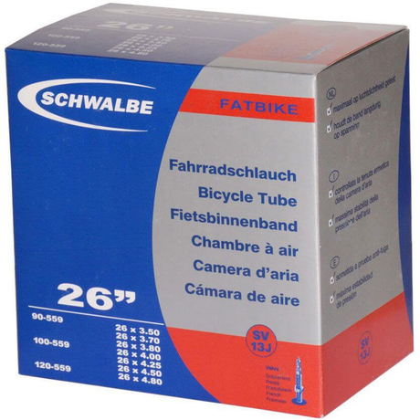 Schwalbe SV13J 26 x 3,5-4,8 (90/120-559) fatbike belső gumi 40 mm hosszú bontható szeleppel, 390 g, presta