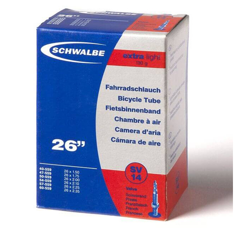Schwalbe SV14 Extra Light 26 x 1,5-2,35 (40/60-559) MTB belső gumi 40 mm hosszú bontható szeleppel, 130 g, presta