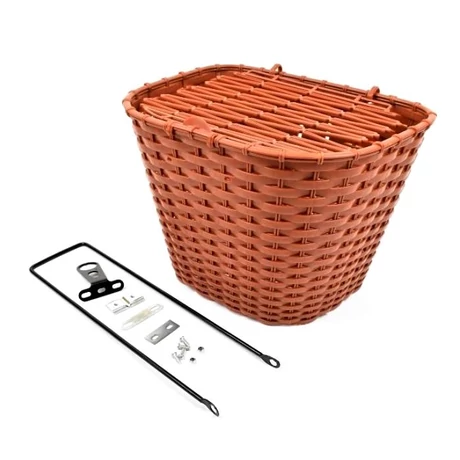VeloGo műanyag kosár előre, 34x26x26 cm,, rattan hatású, fix rögzítésű, 26-os kerékpárhoz, barna