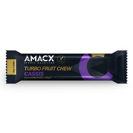 Amacx Turbo Fruit Chew Cassis energia szelet, 50g, 1 db, feketeribizli ízű