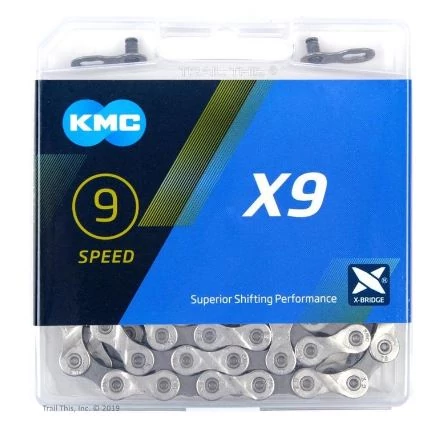 KMC X9 kerékpár lánc, 9s, 116 szem, patentszemmel, ezüst színű