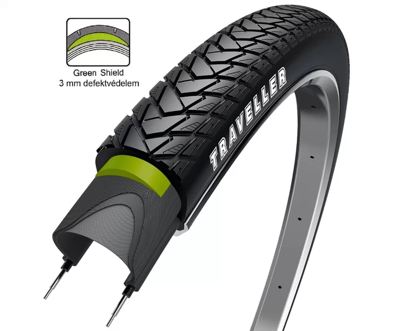 Obor Traveller 28x1,5 (40-622) külső gumi (köpeny), defektvédett (Green Shield), reflexcsíkos, E25, 760g