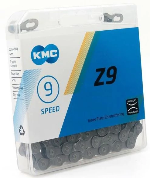 KMC Z9 kerékpár lánc, 9s, 116 szem, patenszemmel, szürke