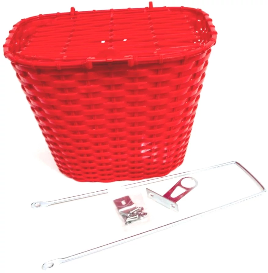 Csepel fix rögzítésű első kosár, rattan hatású műanyag, fedeles, piros