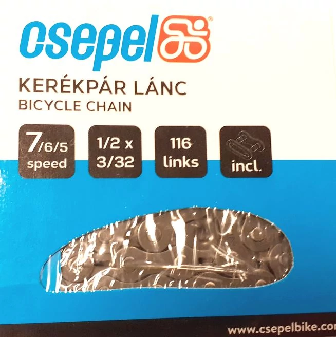 Csepel-KMC kerékpár lánc, 5-6-7s, 116 szem, patentszemmel, barna