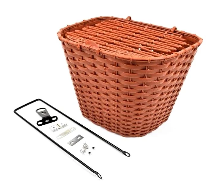 VeloGo műanyag kosár előre, 34x26x26 cm,, rattan hatású, fix rögzítésű, 26-os kerékpárhoz, barna