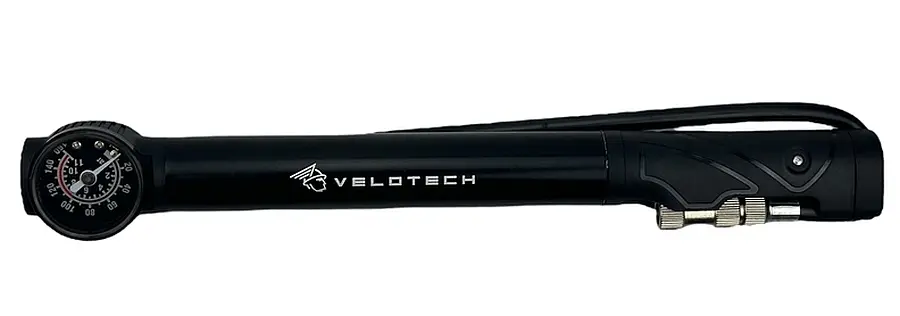 Velotech nyomásmérős alu minipumpa, minden szeleptípushoz, 11 bar, 180g, fekete
