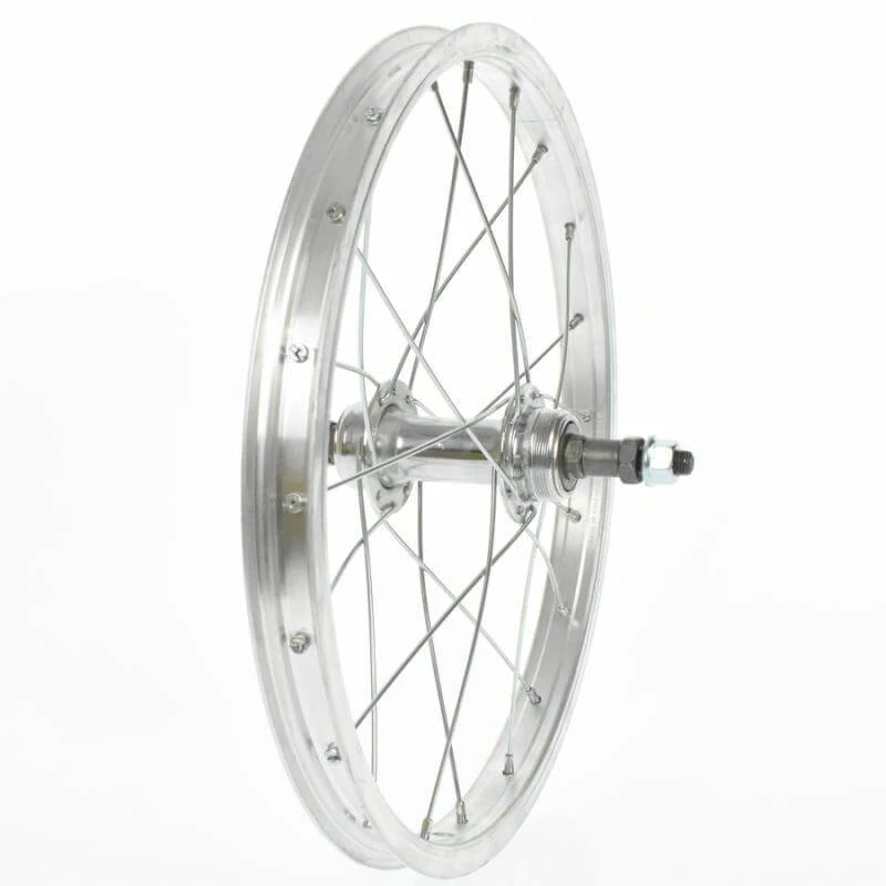 Velogo 16-os (305 mm) hátsó kerék, szimplafalú felni, menetes racsnihoz, csavaros tengellyel, ezüst színű