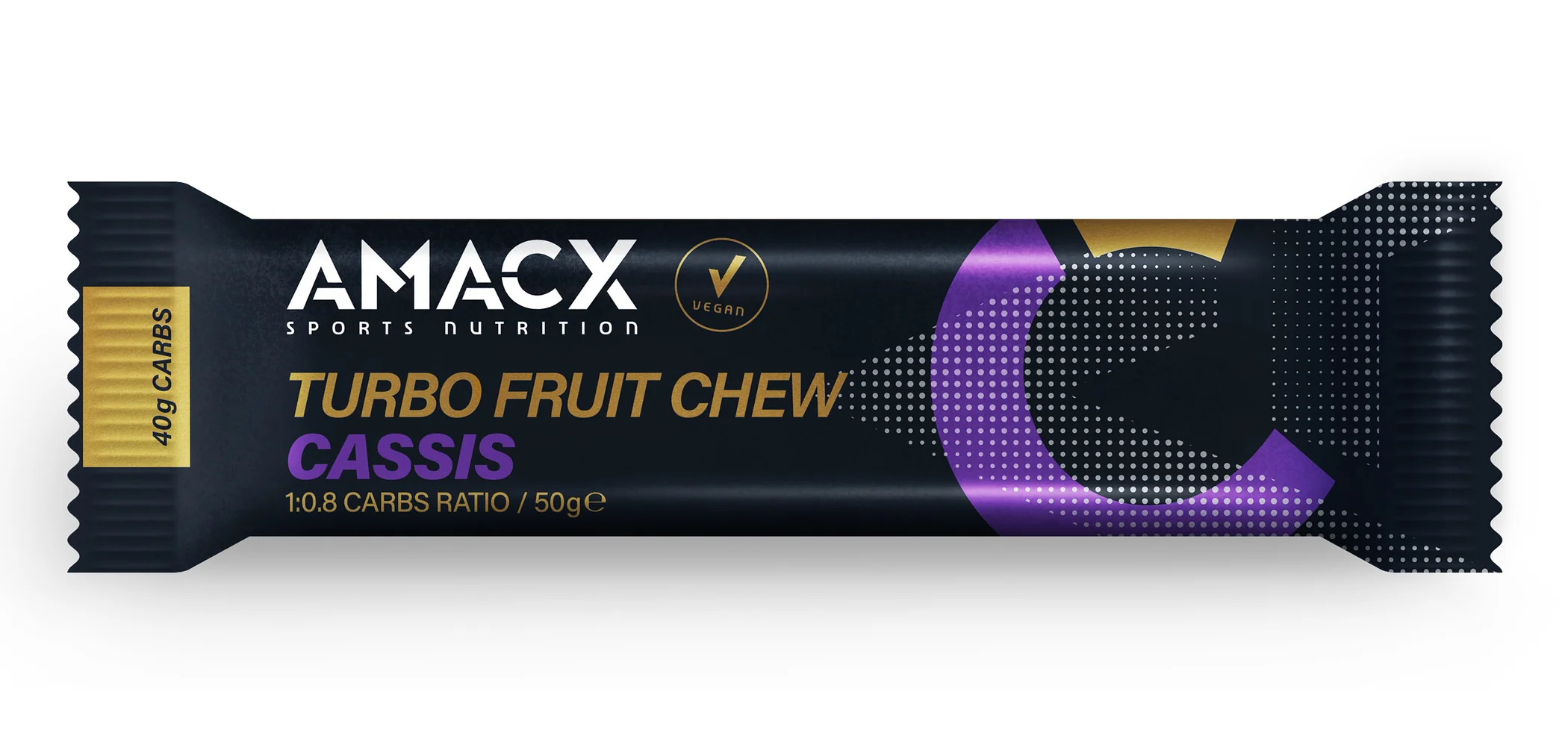 Amacx Turbo Fruit Chew Cassis energia szelet, 50g, 1 db, feketeribizli ízű